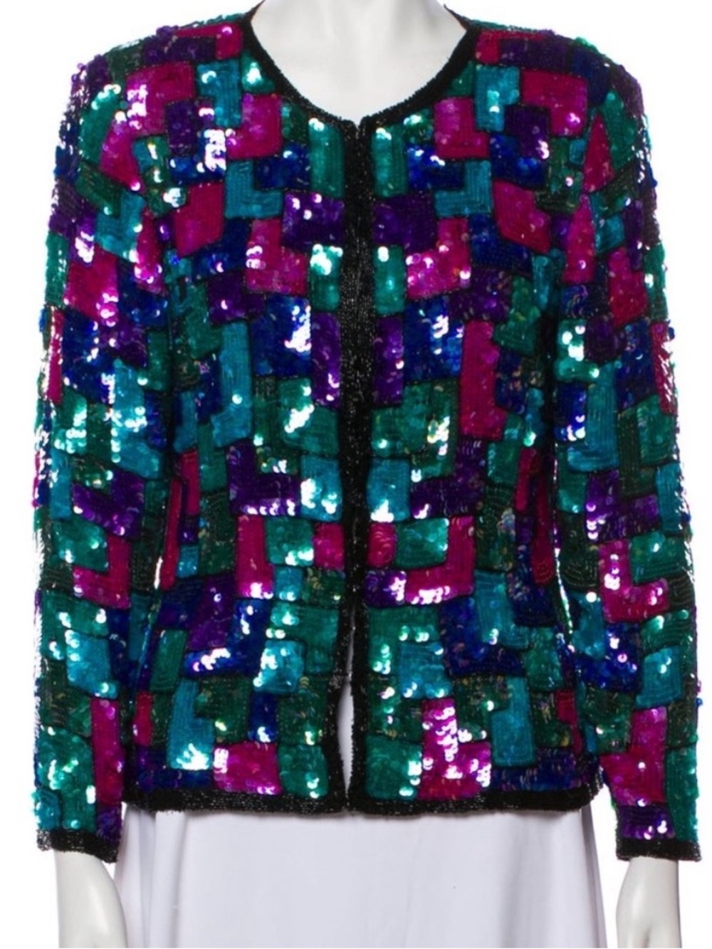 Vintage Sténay 80s Silk Sequin Beaded Jacket Jewel Tone Small